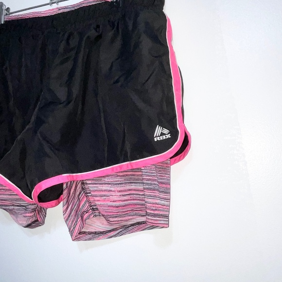 RBX Black Pink Trim Running Shorts with Built-In Striped Tights | Large - Picture 4 of 7